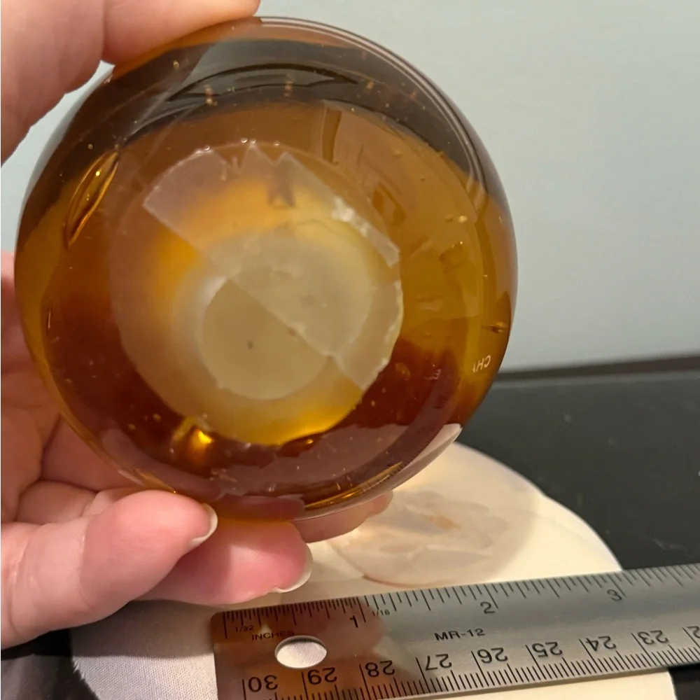 Vintage Glass Paperweight Ball Tornado Bubbles Art Glass in Amber